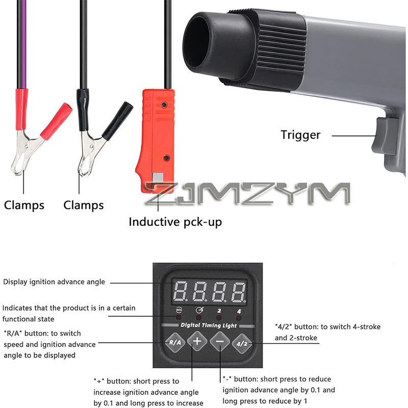 Timing Light Gun - ไฟฉายจับเวลาจุดระเบิดแบบดิจิตอล 12V สำหรับรถยนต์และมอเตอร์ไซค์ พร้อมไฟสโตรบ ตรวจจับการทำงานของเครื่องยนต์ อุปกรณ์วินิจฉัยและซ่อมแซมรถยนต์